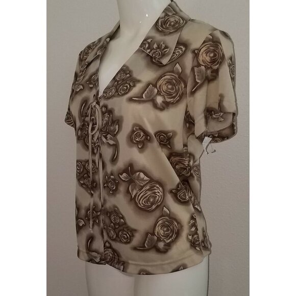 NWT California Edge Brown Floral Shirt Top Juniors Large Ties In Front Roses - Picture 4 of 8